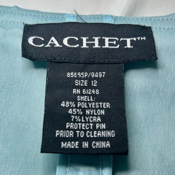 Vintage Cachet Aqua Blue Pleated V-neck Faux Wrap Rhinestone Broach Blouse Sz 12 - Picture 7 of 14